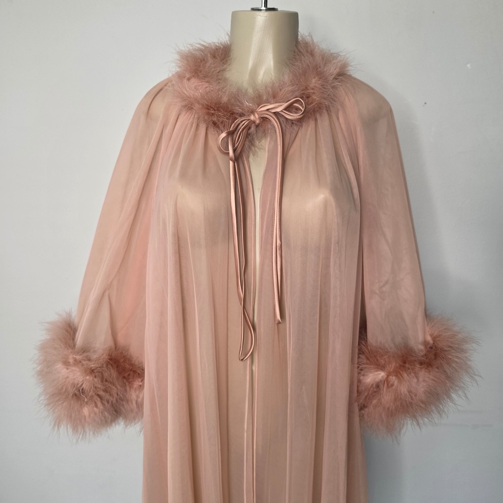 Intime of California Robe Women M Pink Sheer Feather Trim Long Mesh Vintage - Picture 7 of 10